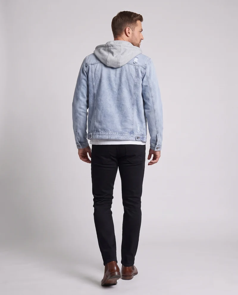 Herren Denimjacke mit angenähter Jersey-Kapuze im Layering-Look und leichter Used-Optik Nord Taschen