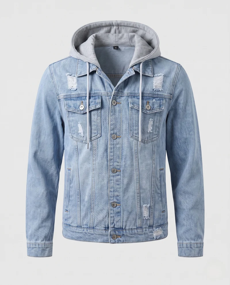 Herren Denimjacke mit angenähter Jersey-Kapuze im Layering-Look und leichter Used-Optik Nord Taschen
