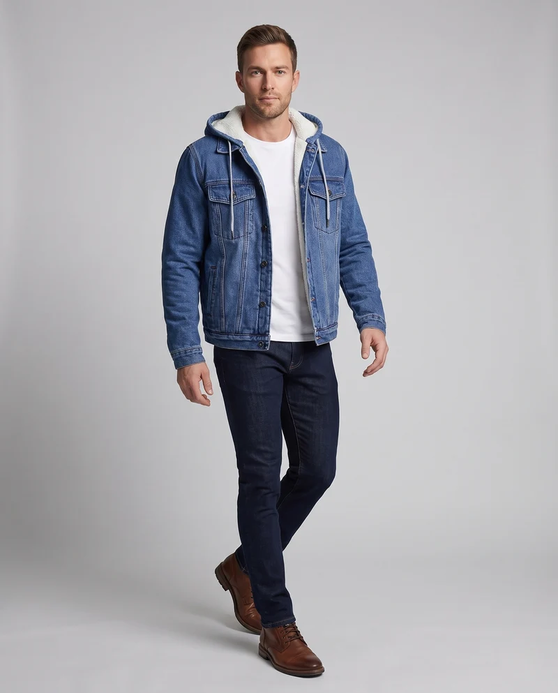 Herren Gefütterte Denim‑Truckerjacke mit Teddyfutter und angesetzter Kapuze Nord Taschen