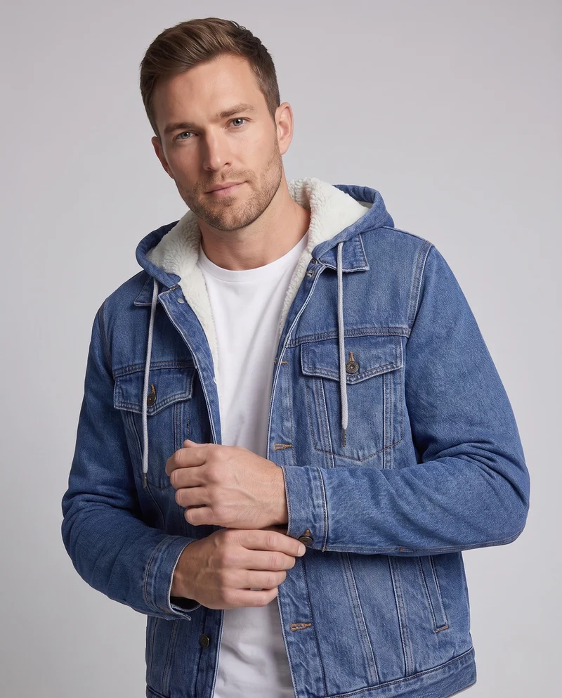 Herren Gefütterte Denim‑Truckerjacke mit Teddyfutter und angesetzter Kapuze Nord Taschen