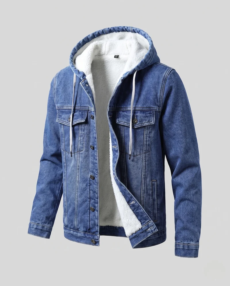Herren Gefütterte Denim‑Truckerjacke mit Teddyfutter und angesetzter Kapuze Nord Taschen