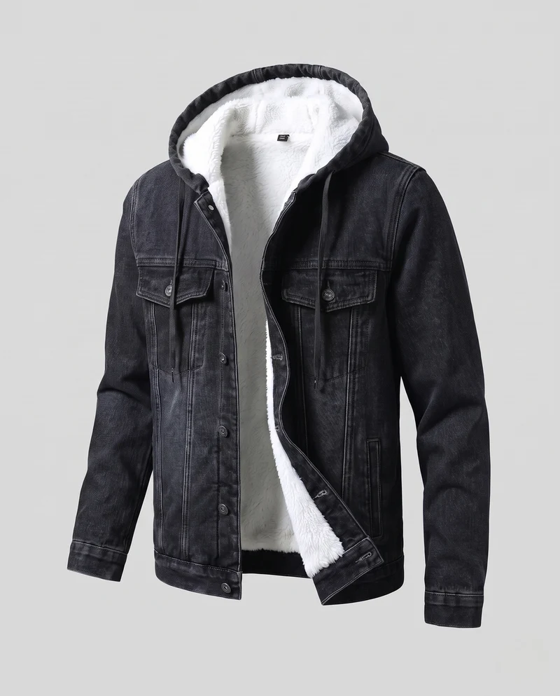 Herren Gefütterte Denim‑Truckerjacke mit Teddyfutter und angesetzter Kapuze Nord Taschen