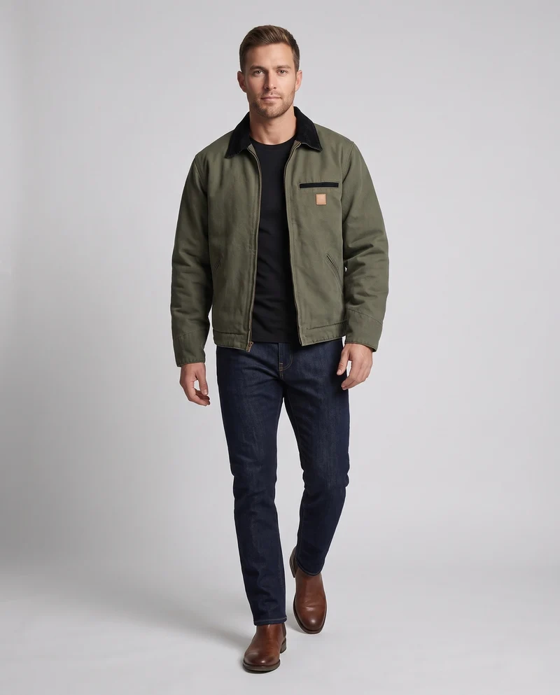 Herren Gefütterte Canvas-Workerjacke mit Cordkragen und Reißverschluss Nord Taschen