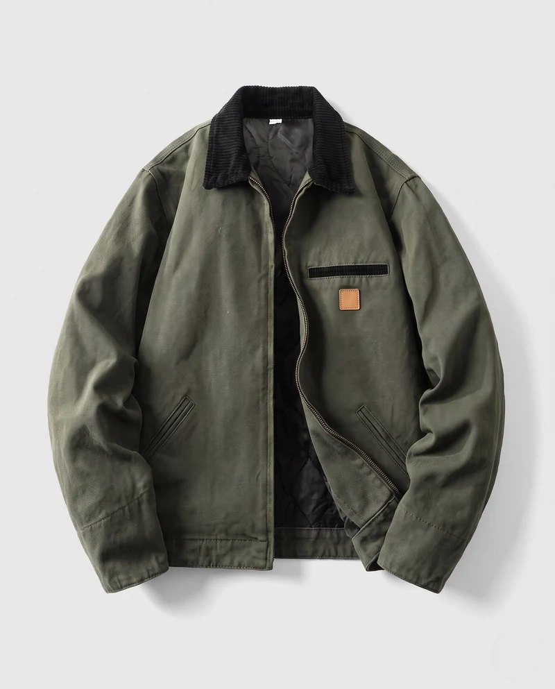 Herren Gefütterte Canvas-Workerjacke mit Cordkragen und Reißverschluss Nord Taschen