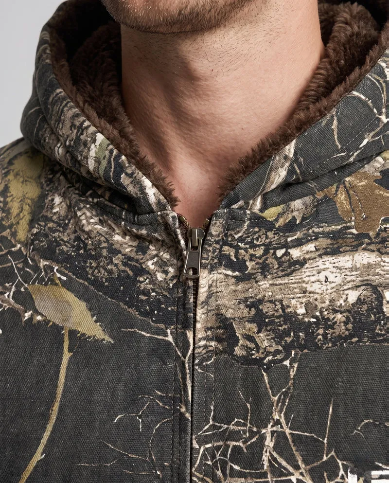 Herren gefütterte Camouflage-Kapuzenjacke im Bomberstil mit Teddyfutter und Patch-Details Nord Taschen