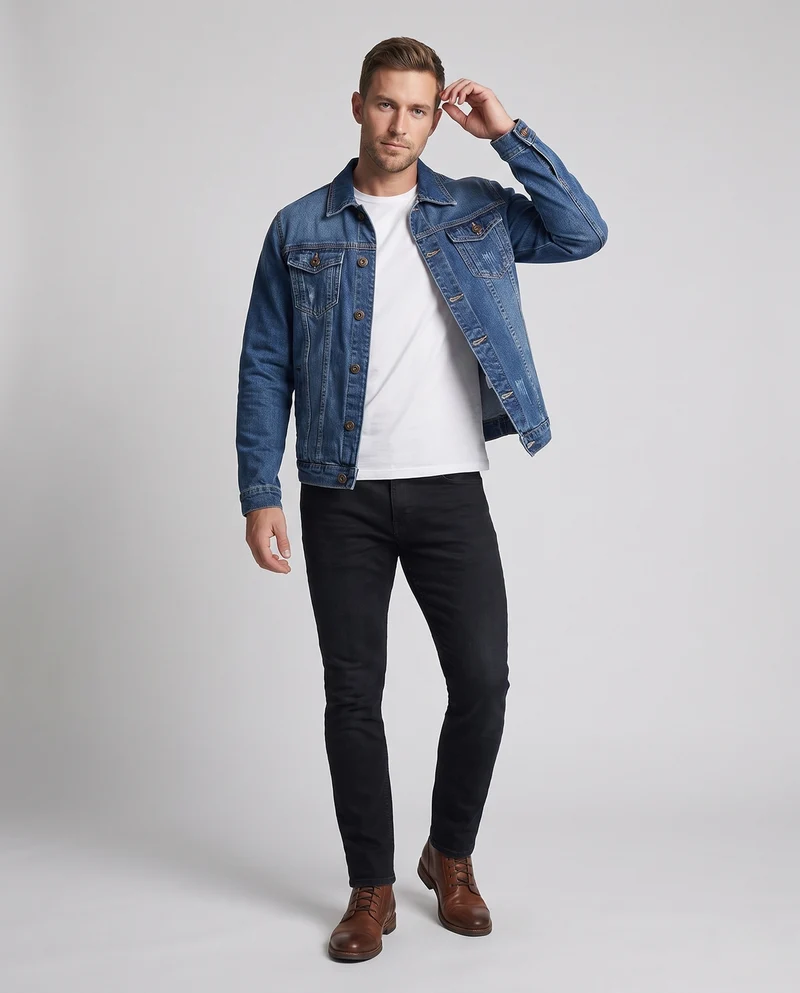Herren Figurbetonte Denimjacke mit Used-Effekt und Brusttaschen Nord Taschen
