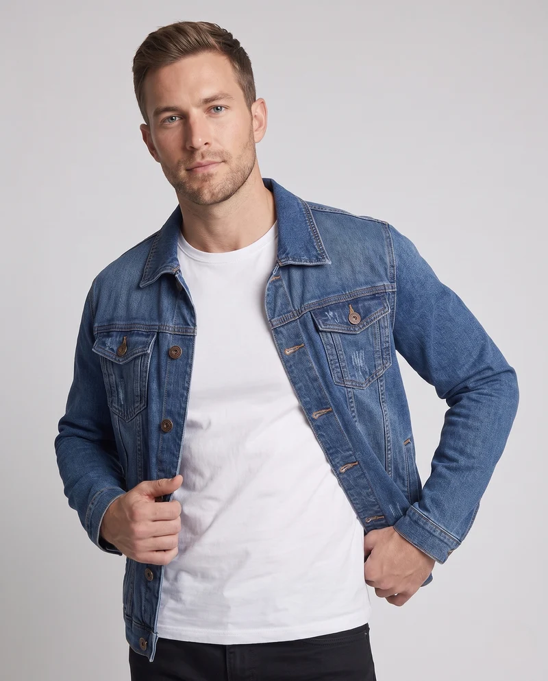 Herren Figurbetonte Denimjacke mit Used-Effekt und Brusttaschen Nord Taschen