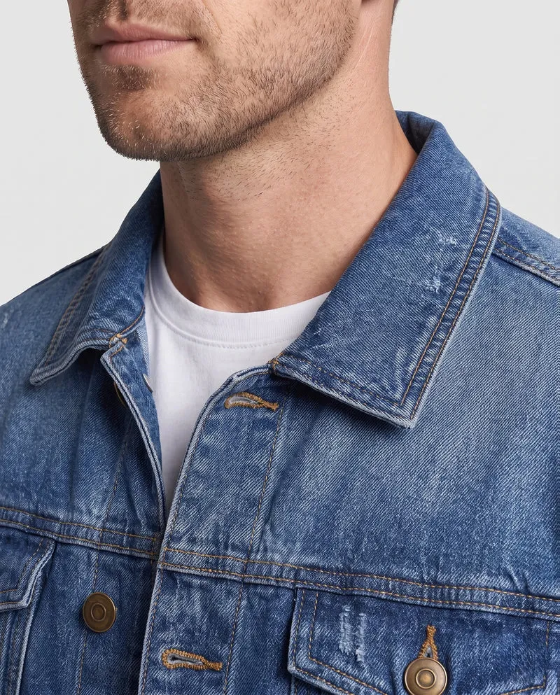 Herren Figurbetonte Denimjacke mit Used-Effekt und Brusttaschen Nord Taschen
