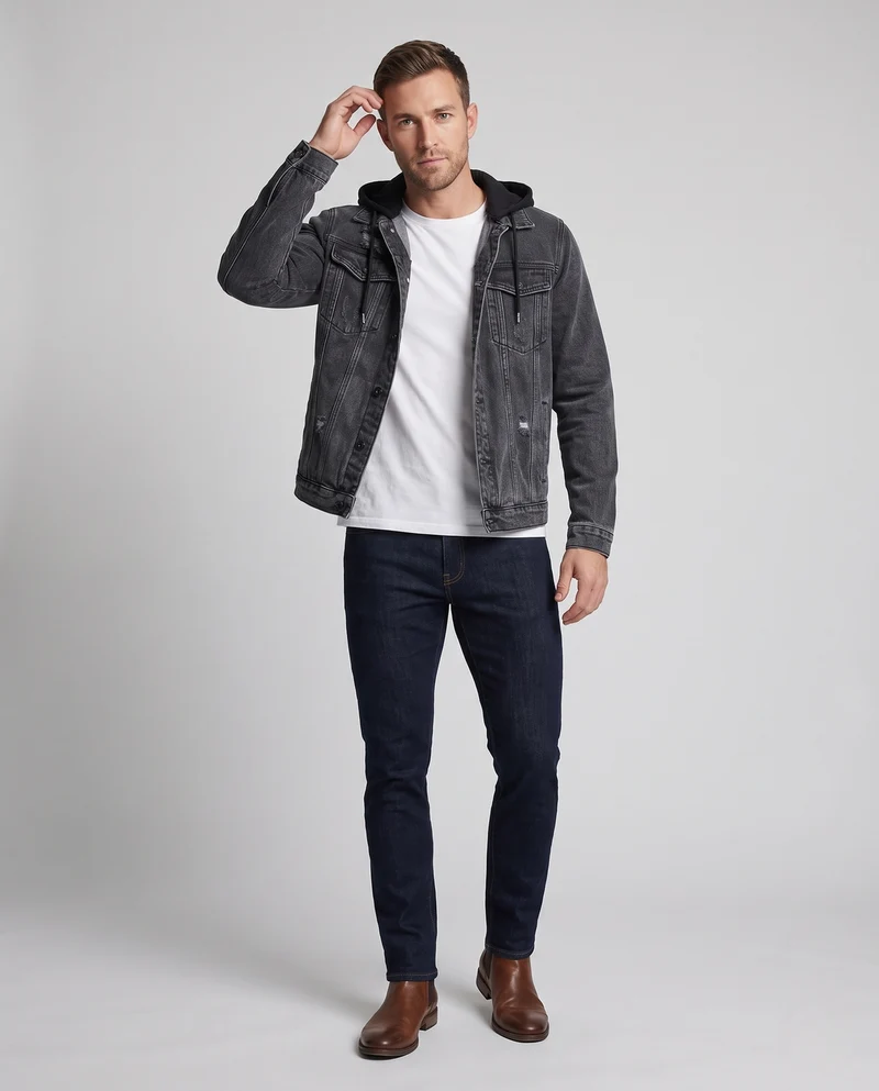 Herren Denimjacke im Layering-Look mit angenähter Jersey-Kapuze, Distressed-Details und geradem Schnitt Nord Taschen