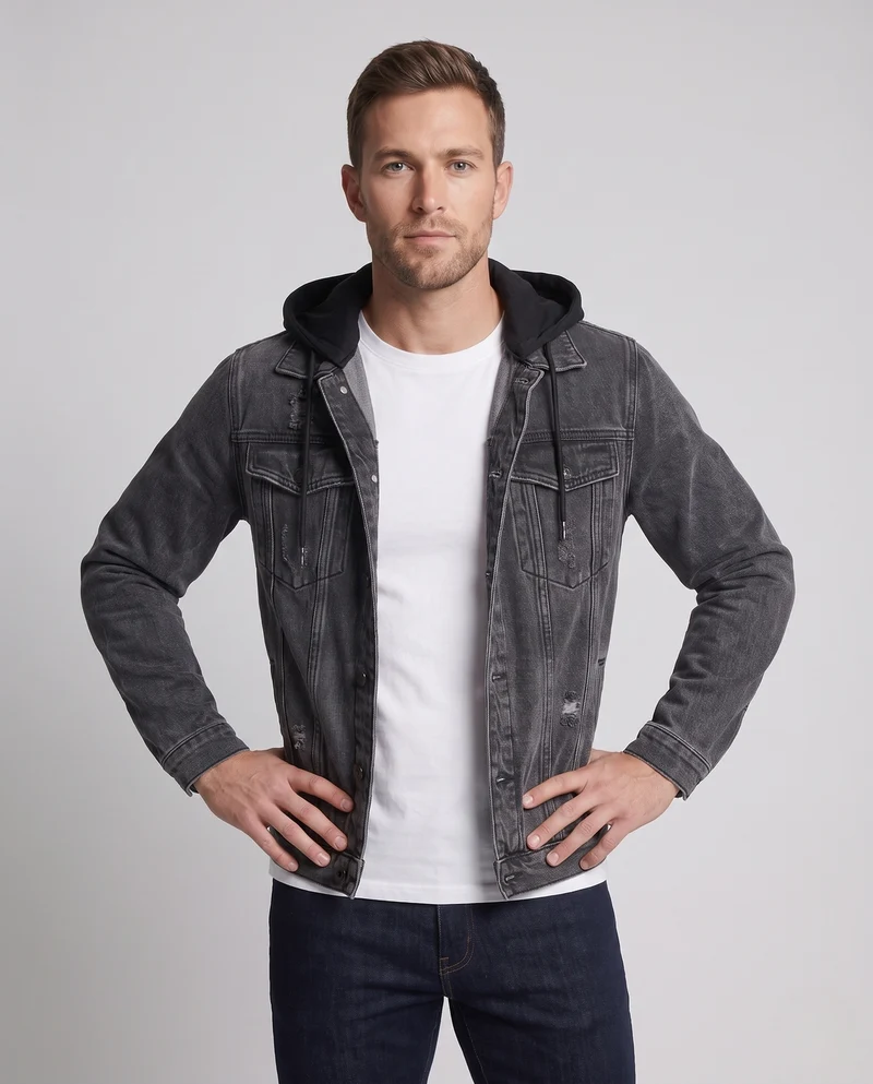 Herren Denimjacke im Layering-Look mit angenähter Jersey-Kapuze, Distressed-Details und geradem Schnitt Nord Taschen