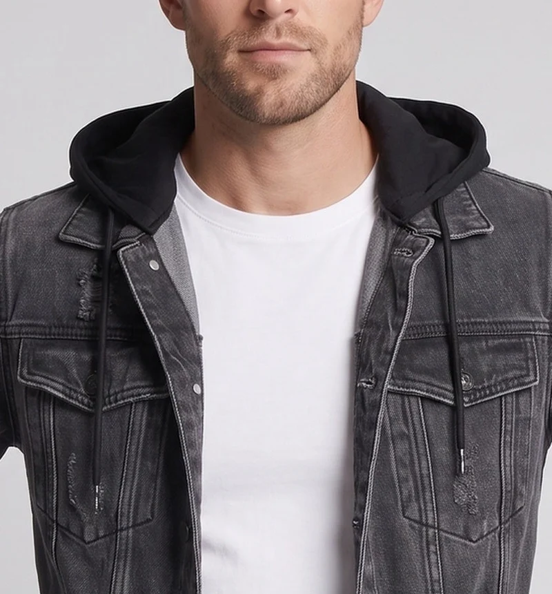 Herren Denimjacke im Layering-Look mit angenähter Jersey-Kapuze, Distressed-Details und geradem Schnitt Nord Taschen