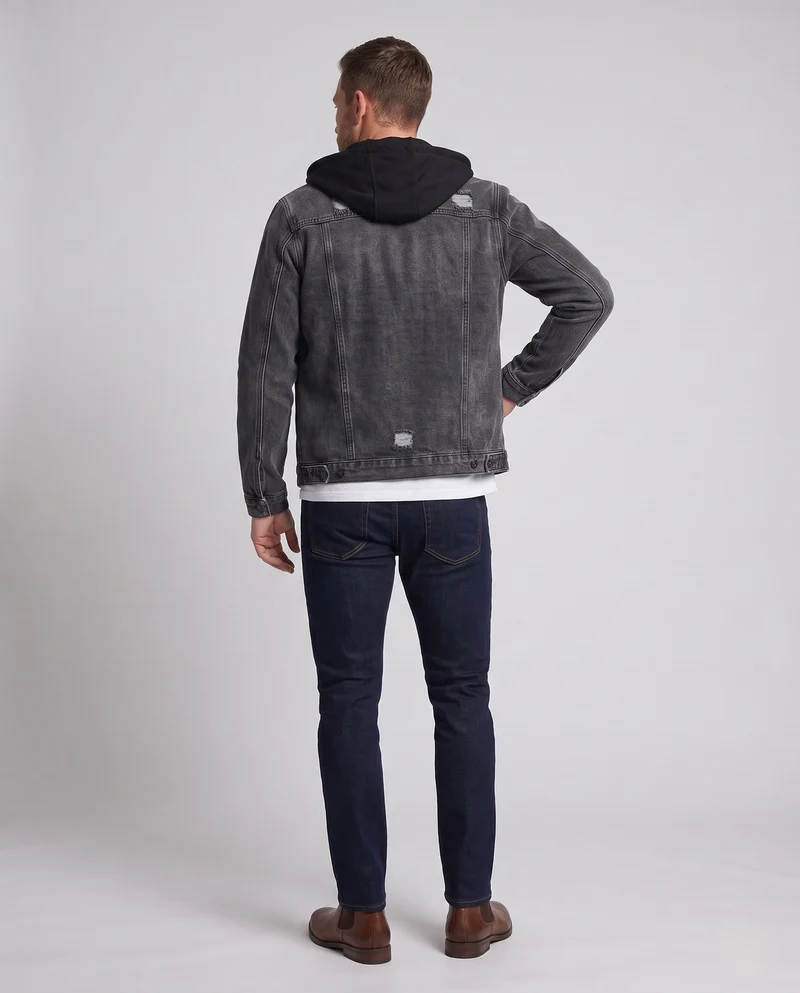 Herren Denimjacke im Layering-Look mit angenähter Jersey-Kapuze, Distressed-Details und geradem Schnitt Nord Taschen