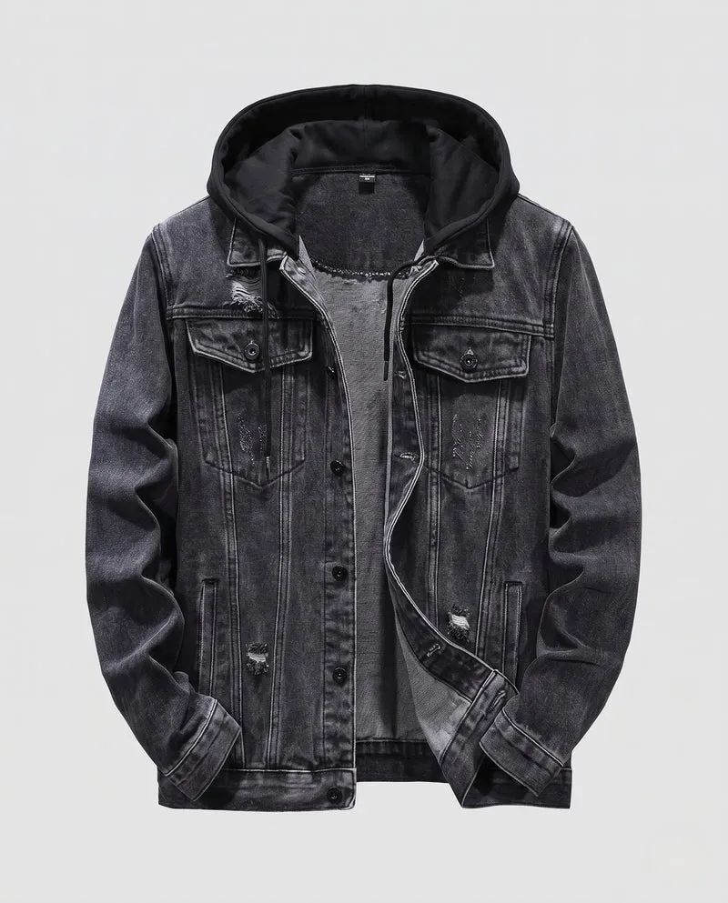 Herren Denimjacke im Layering-Look mit angenähter Jersey-Kapuze, Distressed-Details und geradem Schnitt Nord Taschen