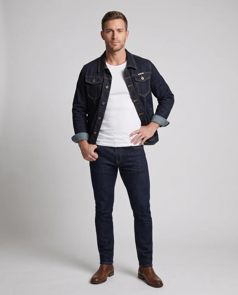 Herren Denim-Workerjacke mit verstärkten Nähten, Brustklappen und geradem Schnitt Nord Taschen