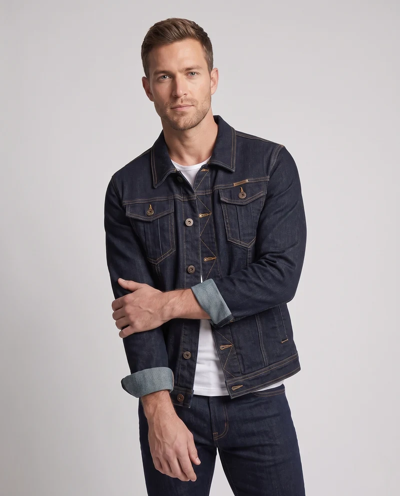 Herren Denim-Workerjacke mit verstärkten Nähten, Brustklappen und geradem Schnitt Nord Taschen