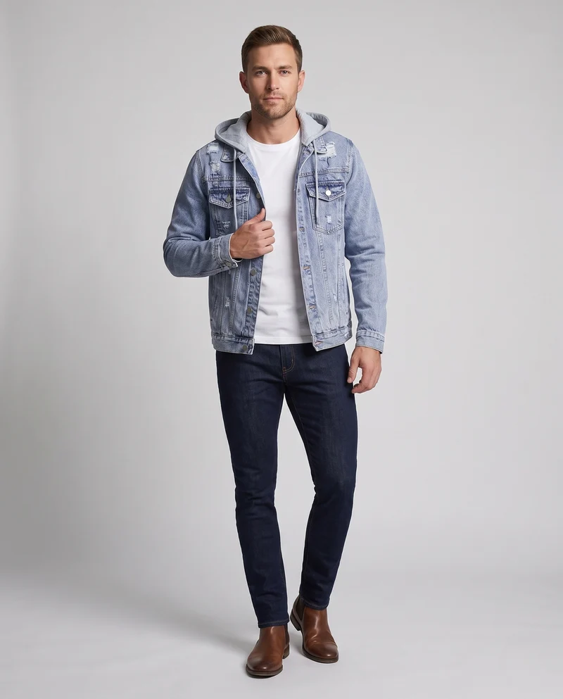 Herren Denim-Workerjacke mit abnehmbarer Jersey-Kapuze, leichtem Destroyed‑Effekt und Regular-Fit Nord Taschen