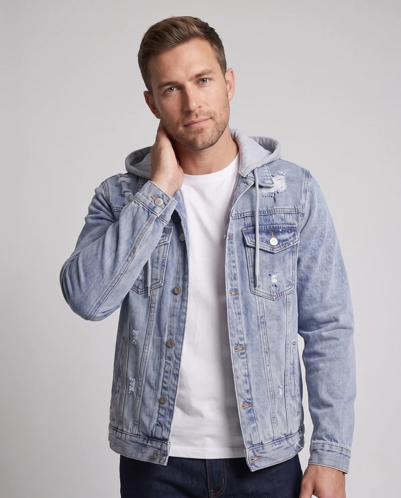 Herren Denim-Workerjacke mit abnehmbarer Jersey-Kapuze, leichtem Destroyed‑Effekt und Regular-Fit Nord Taschen