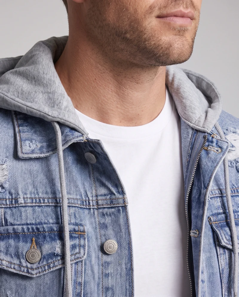 Herren Denim-Workerjacke mit abnehmbarer Jersey-Kapuze, leichtem Destroyed‑Effekt und Regular-Fit Nord Taschen
