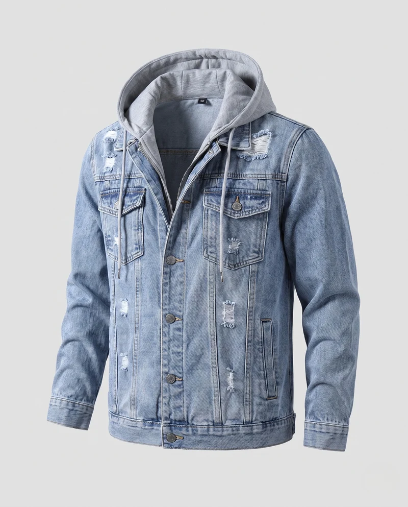 Herren Denim-Workerjacke mit abnehmbarer Jersey-Kapuze, leichtem Destroyed‑Effekt und Regular-Fit Nord Taschen