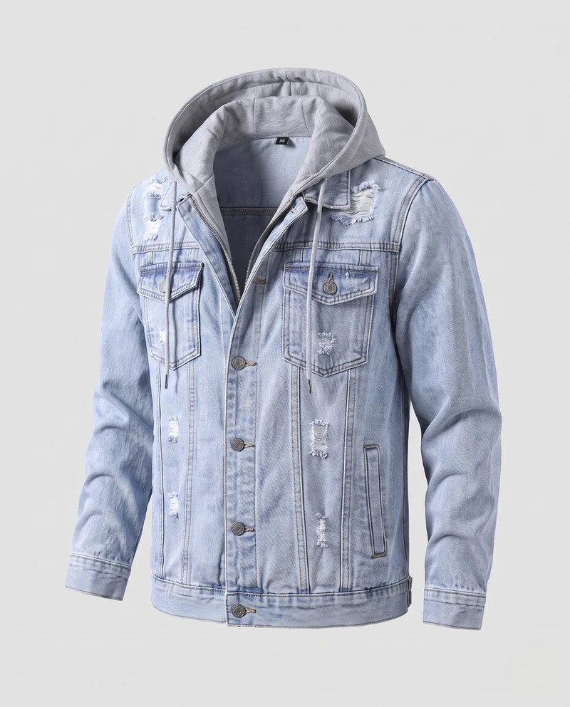 Herren Denim-Workerjacke mit abnehmbarer Jersey-Kapuze, leichtem Destroyed‑Effekt und Regular-Fit Nord Taschen