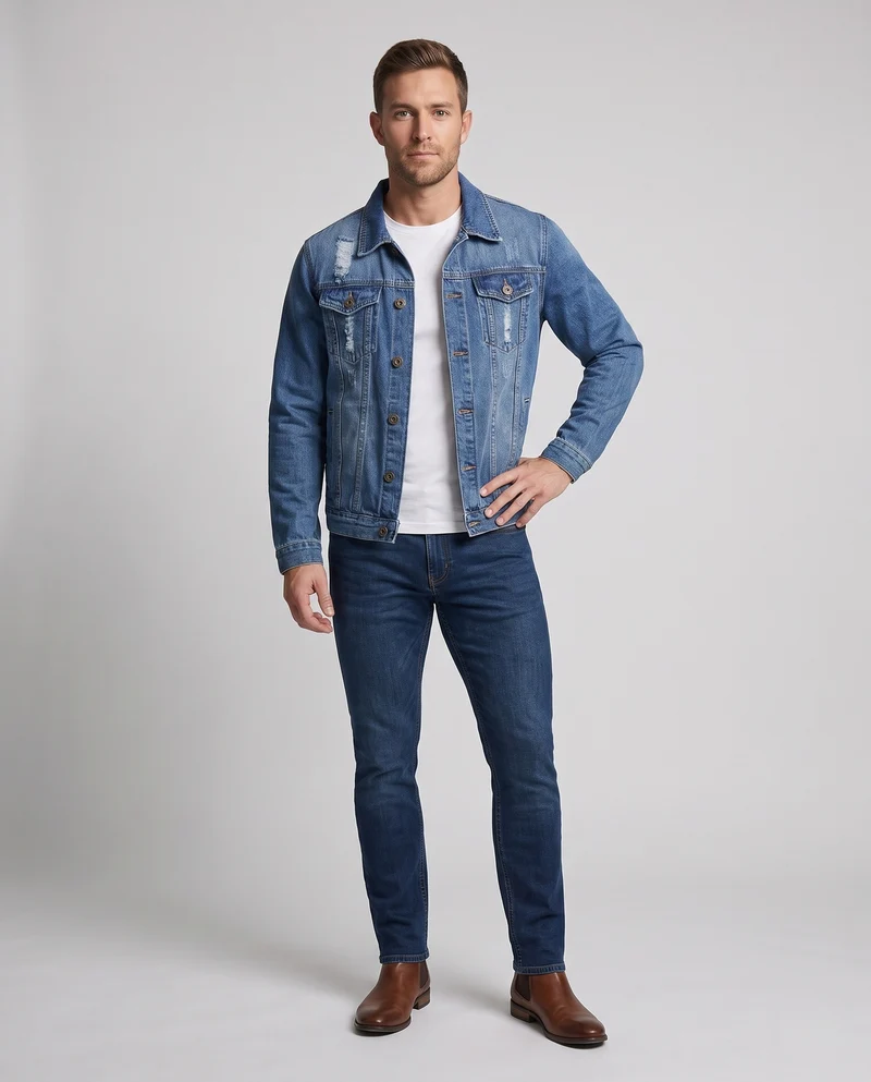Herren Denim-Truckerjacke mit leichter Used-Optik und geradem Schnitt Nord Taschen