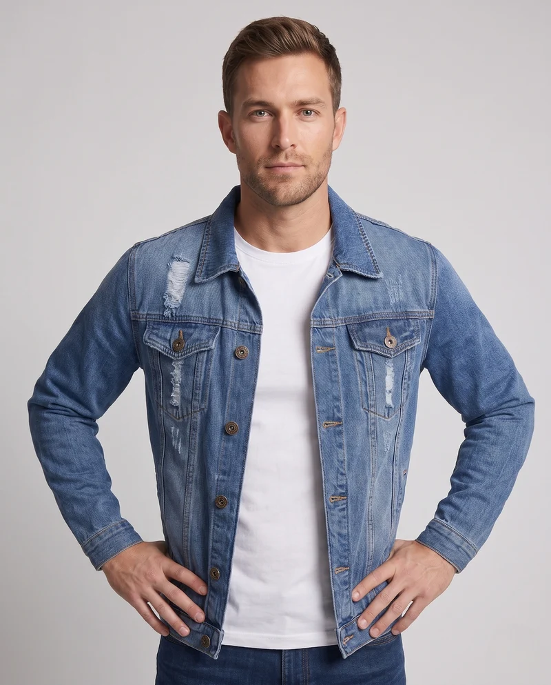 Herren Denim-Truckerjacke mit leichter Used-Optik und geradem Schnitt Nord Taschen