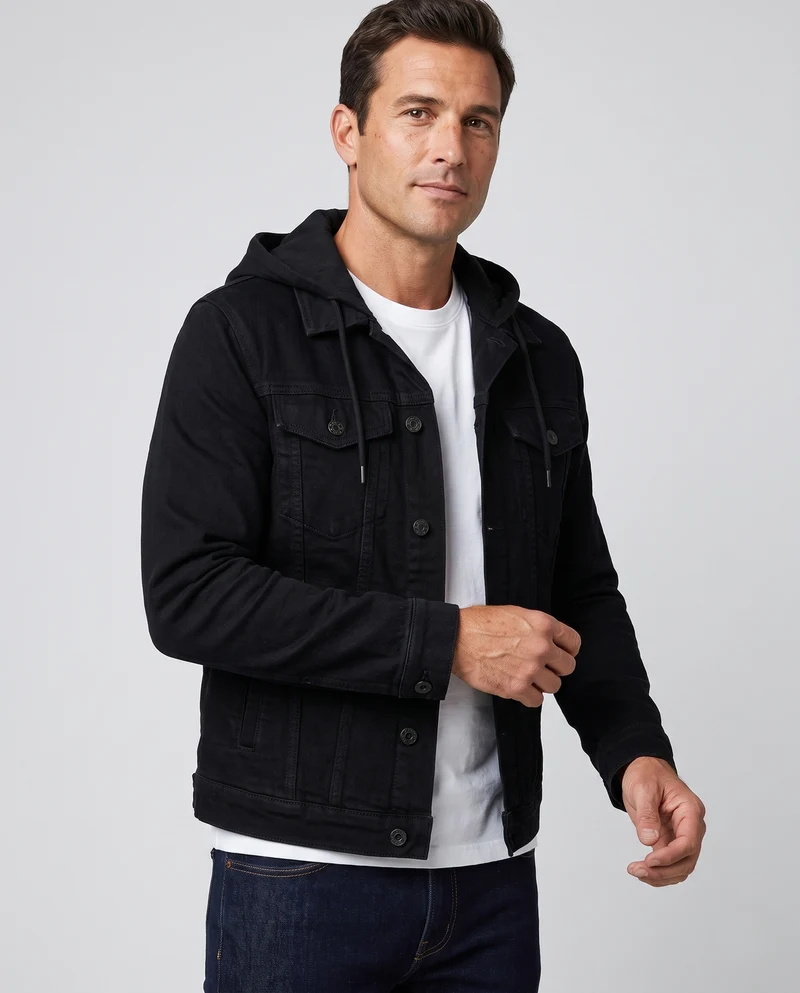 Herren Denim-Truckerjacke mit abnehmbarer Jersey-Kapuze und geradem Schnitt Nord Taschen