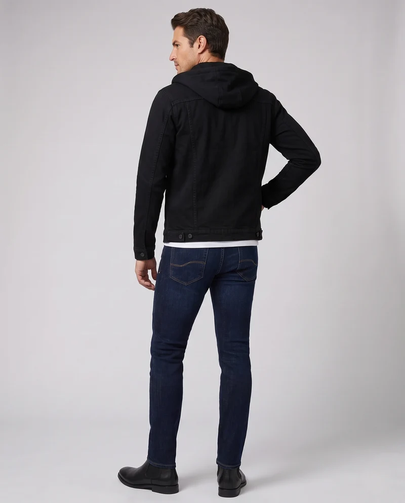 Herren Denim-Truckerjacke mit abnehmbarer Jersey-Kapuze und geradem Schnitt Nord Taschen