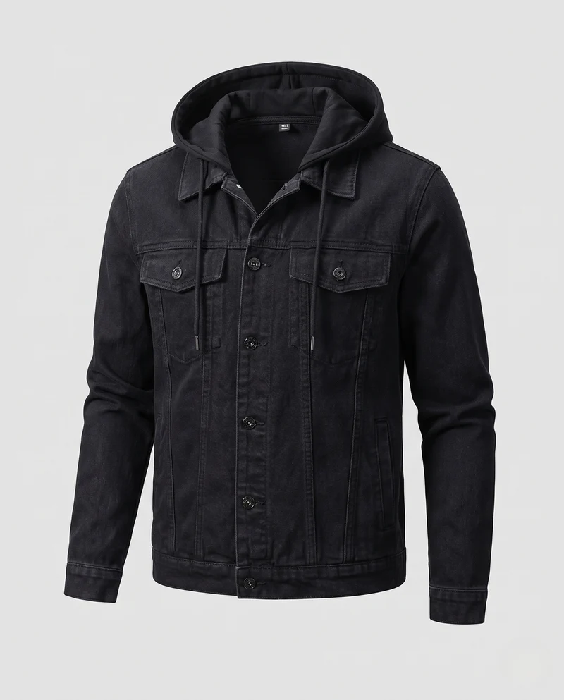 Herren Denim-Truckerjacke mit abnehmbarer Jersey-Kapuze und geradem Schnitt Nord Taschen