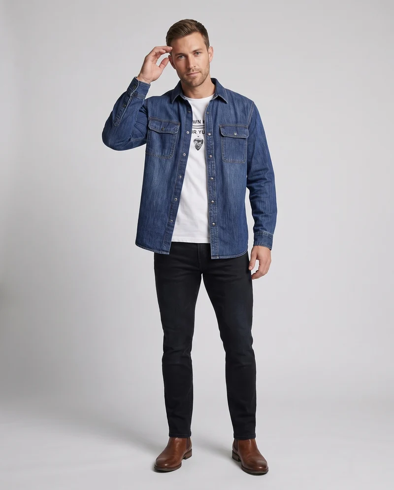 Herren Denim-Hemd im Overshirt-Look mit Brustklappen, Kontrastnähten und geradem Schnitt Nord Taschen