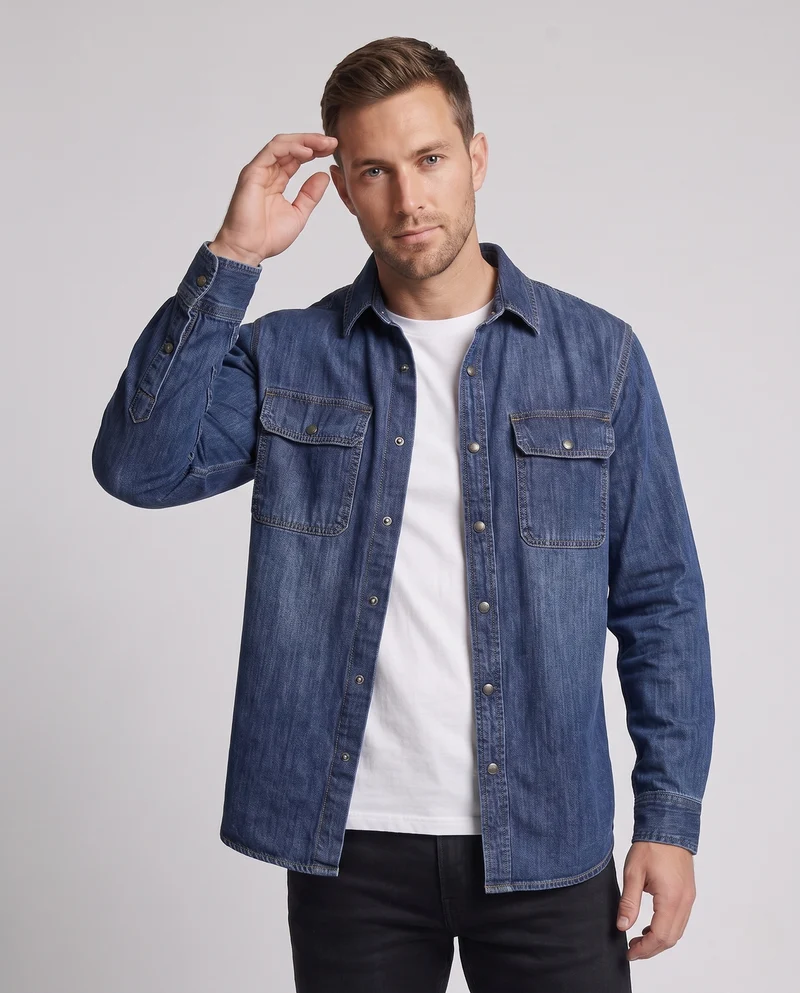 Herren Denim-Hemd im Overshirt-Look mit Brustklappen, Kontrastnähten und geradem Schnitt Nord Taschen