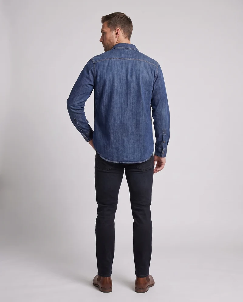 Herren Denim-Hemd im Overshirt-Look mit Brustklappen, Kontrastnähten und geradem Schnitt Nord Taschen