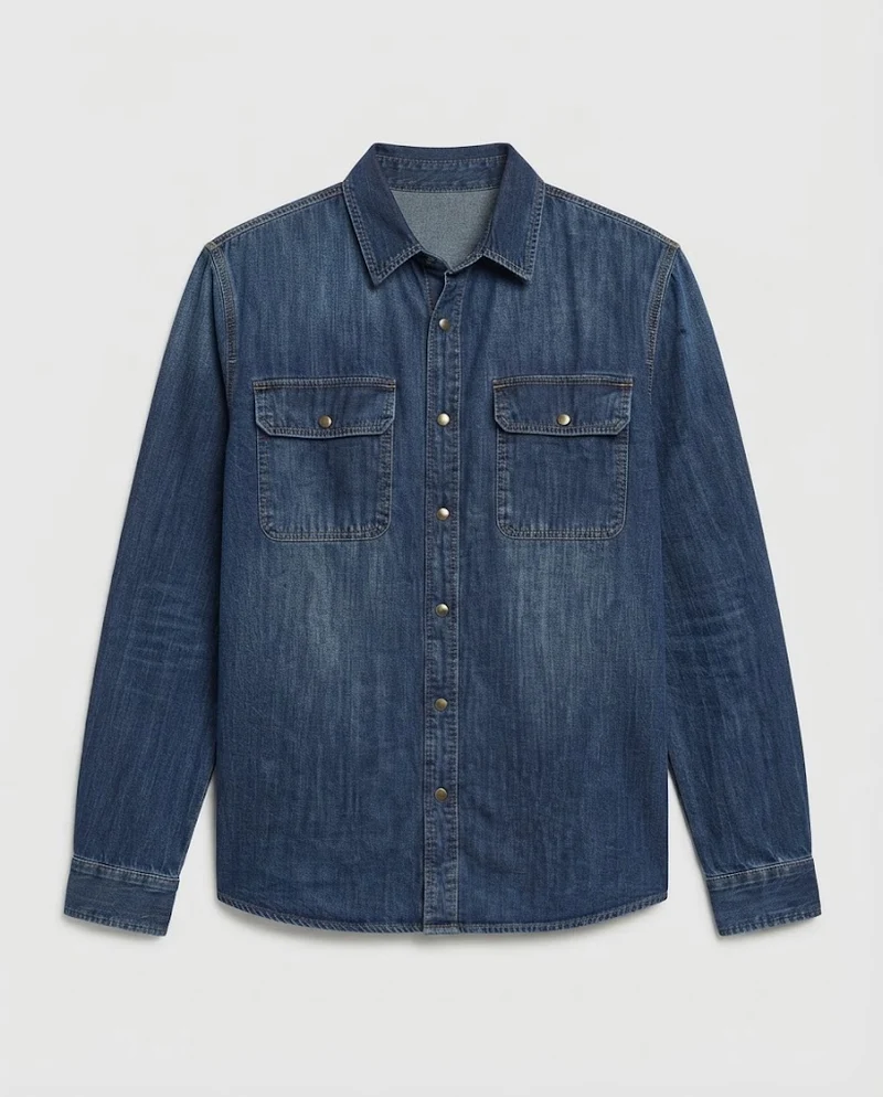 Herren Denim-Hemd im Overshirt-Look mit Brustklappen, Kontrastnähten und geradem Schnitt Nord Taschen