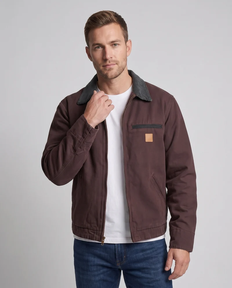 Herren Cordkragen-Canvasjacke mit Reißverschluss, Cordmanschetten und aufgesetzter Brustpatte Nord Taschen