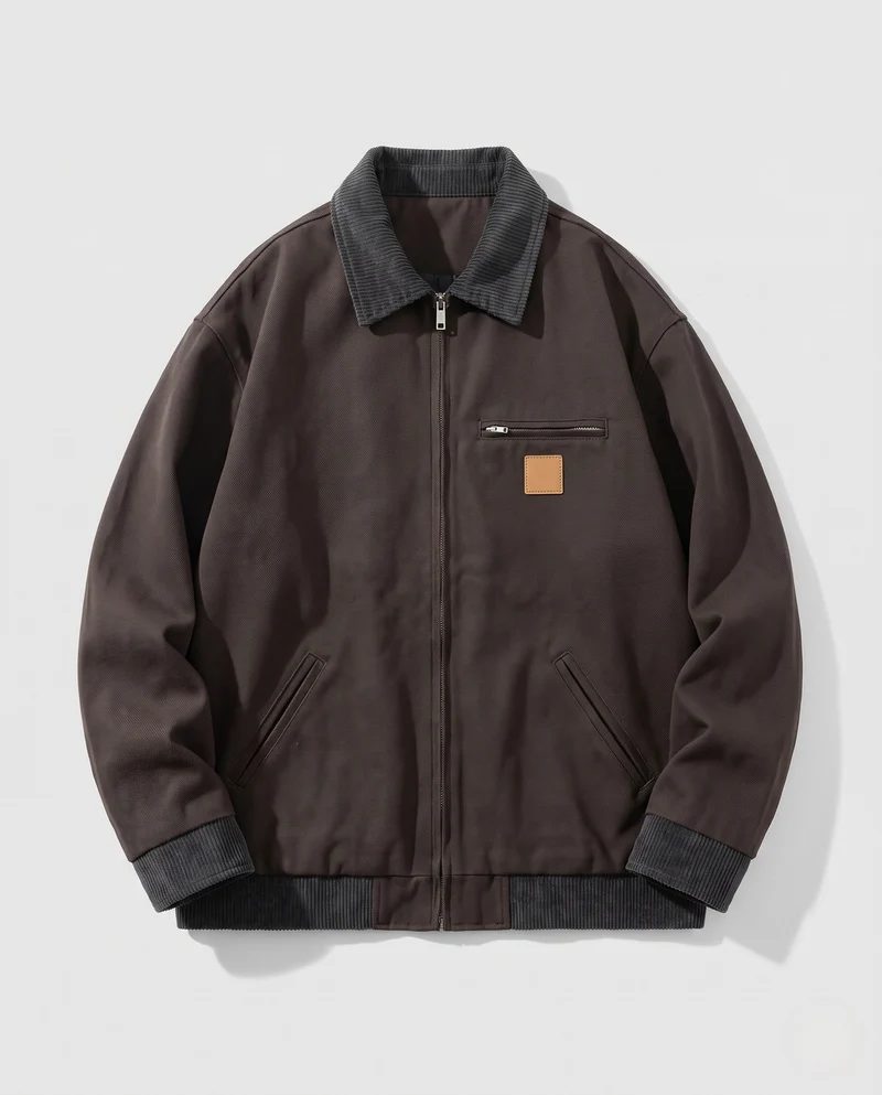 Herren Cordkragen-Canvasjacke mit Reißverschluss, Cordmanschetten und aufgesetzter Brustpatte Nord Taschen