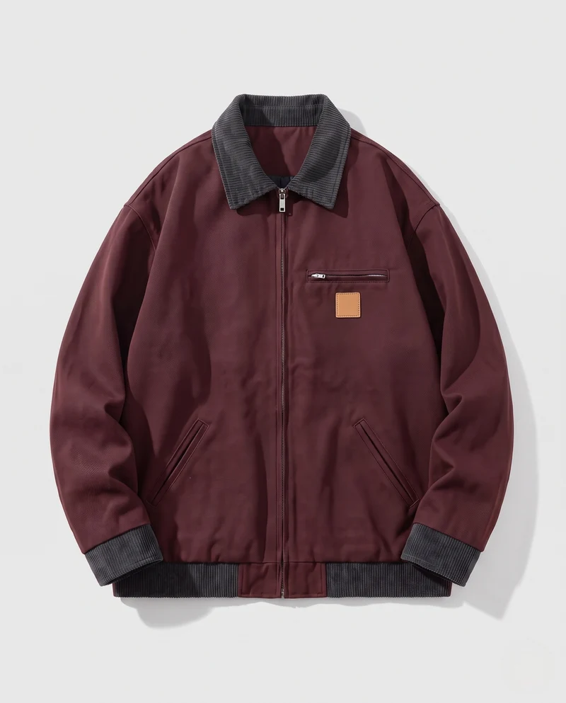 Herren Cordkragen-Canvasjacke mit Reißverschluss, Cordmanschetten und aufgesetzter Brustpatte Nord Taschen