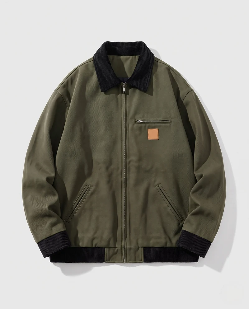 Herren Cordkragen-Canvasjacke mit Reißverschluss, Cordmanschetten und aufgesetzter Brustpatte Nord Taschen