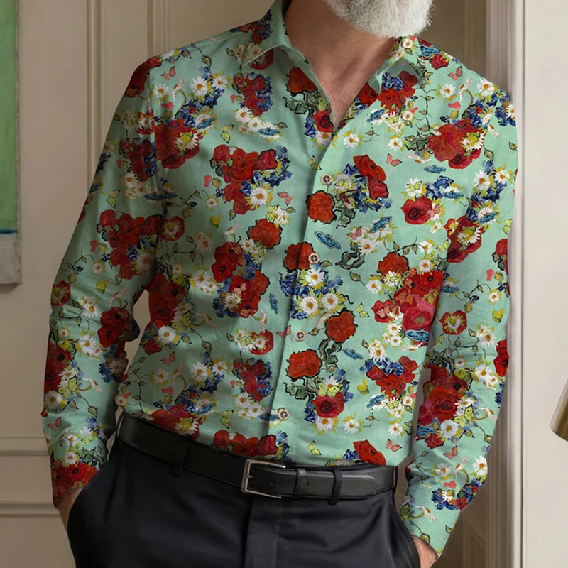 Vincent van Gogh Vase with Daisies and Poppies inspired Long Sleeve Men's Shirt
