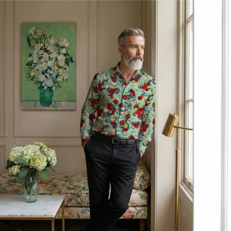 Vincent van Gogh Vase with Daisies and Poppies inspired Long Sleeve Men's Shirt
