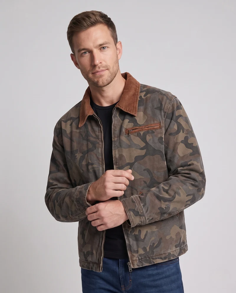 Herren Camouflage-Denimjacke im Utility‑Stil mit Reißverschluss und verstellbarem Saum Nord Taschen