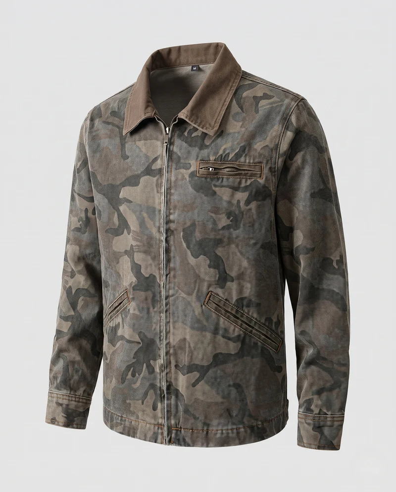 Herren Camouflage-Denimjacke im Utility‑Stil mit Reißverschluss und verstellbarem Saum Nord Taschen