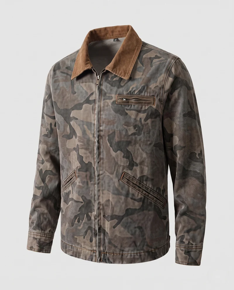 Herren Camouflage-Denimjacke im Utility‑Stil mit Reißverschluss und verstellbarem Saum Nord Taschen
