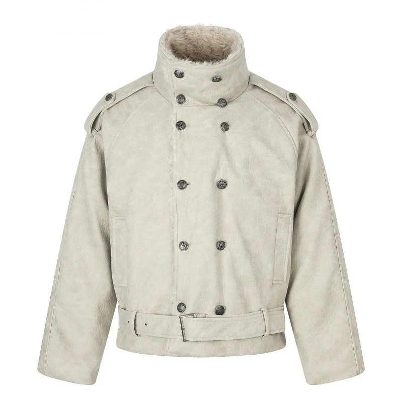 Herren Kurz geschnittene doppelt geknöpfte Aviator‑Jacke mit Teddyfutter, Stehkragen und Taillengürtel Nord Taschen