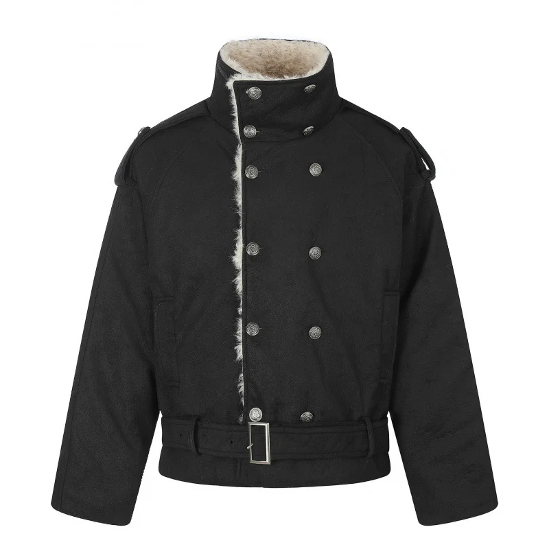 Herren Kurz geschnittene doppelt geknöpfte Aviator‑Jacke mit Teddyfutter, Stehkragen und Taillengürtel Nord Taschen