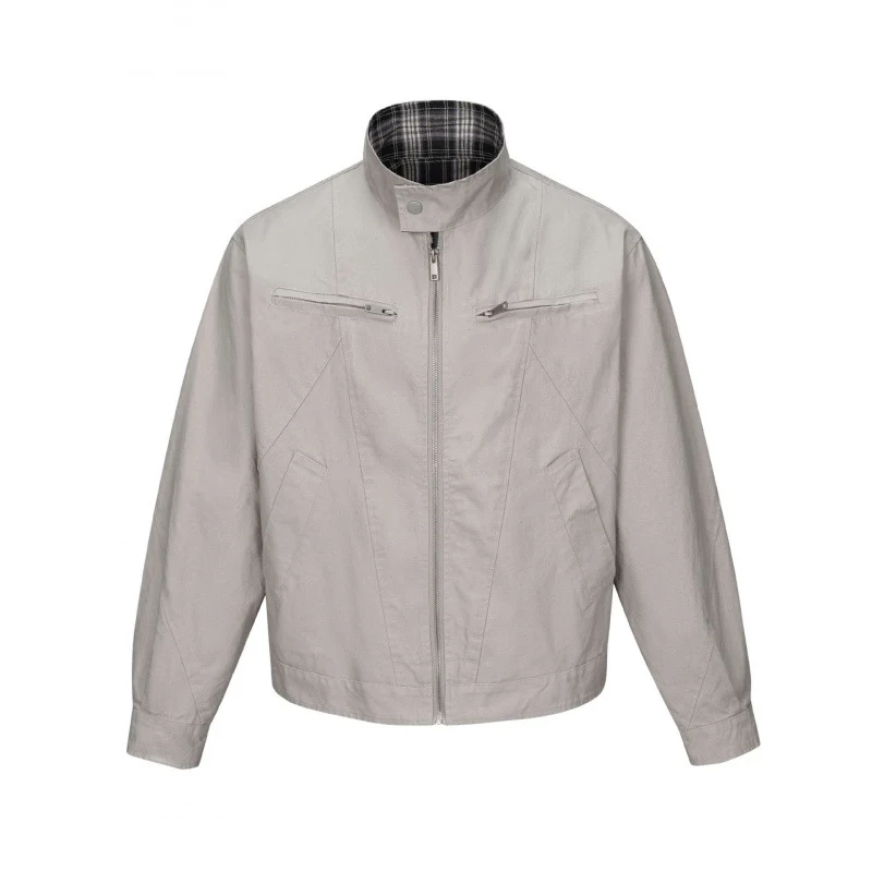 Herren Kurz geschnittene Canvas-Blousonjacke mit Stehkragen, Reißverschlusstaschen und kariertem Futter Nord Taschen