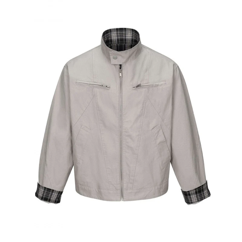 Herren Kurz geschnittene Canvas-Blousonjacke mit Stehkragen, Reißverschlusstaschen und kariertem Futter Nord Taschen