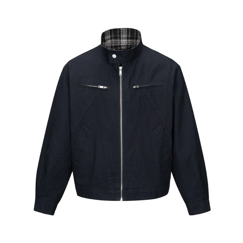 Herren Kurz geschnittene Canvas-Blousonjacke mit Stehkragen, Reißverschlusstaschen und kariertem Futter Nord Taschen