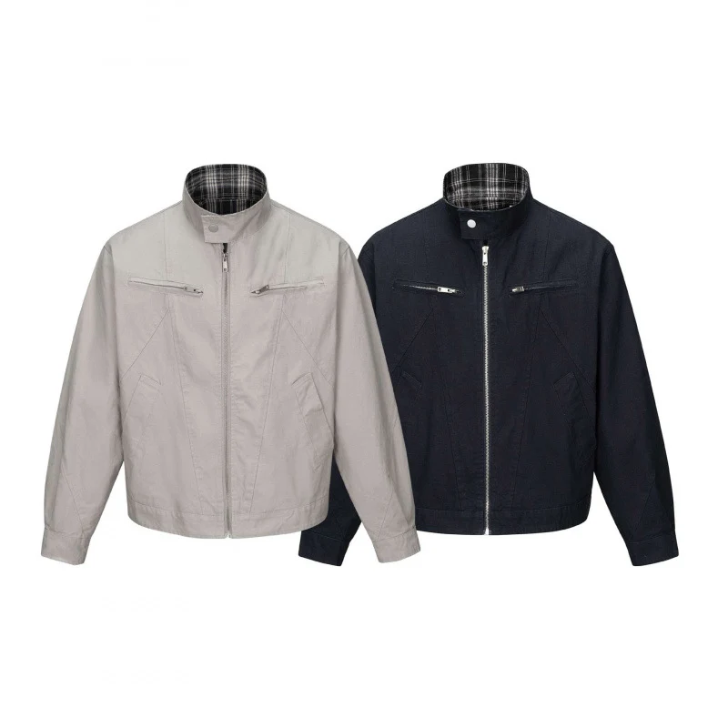 Herren Kurz geschnittene Canvas-Blousonjacke mit Stehkragen, Reißverschlusstaschen und kariertem Futter Nord Taschen