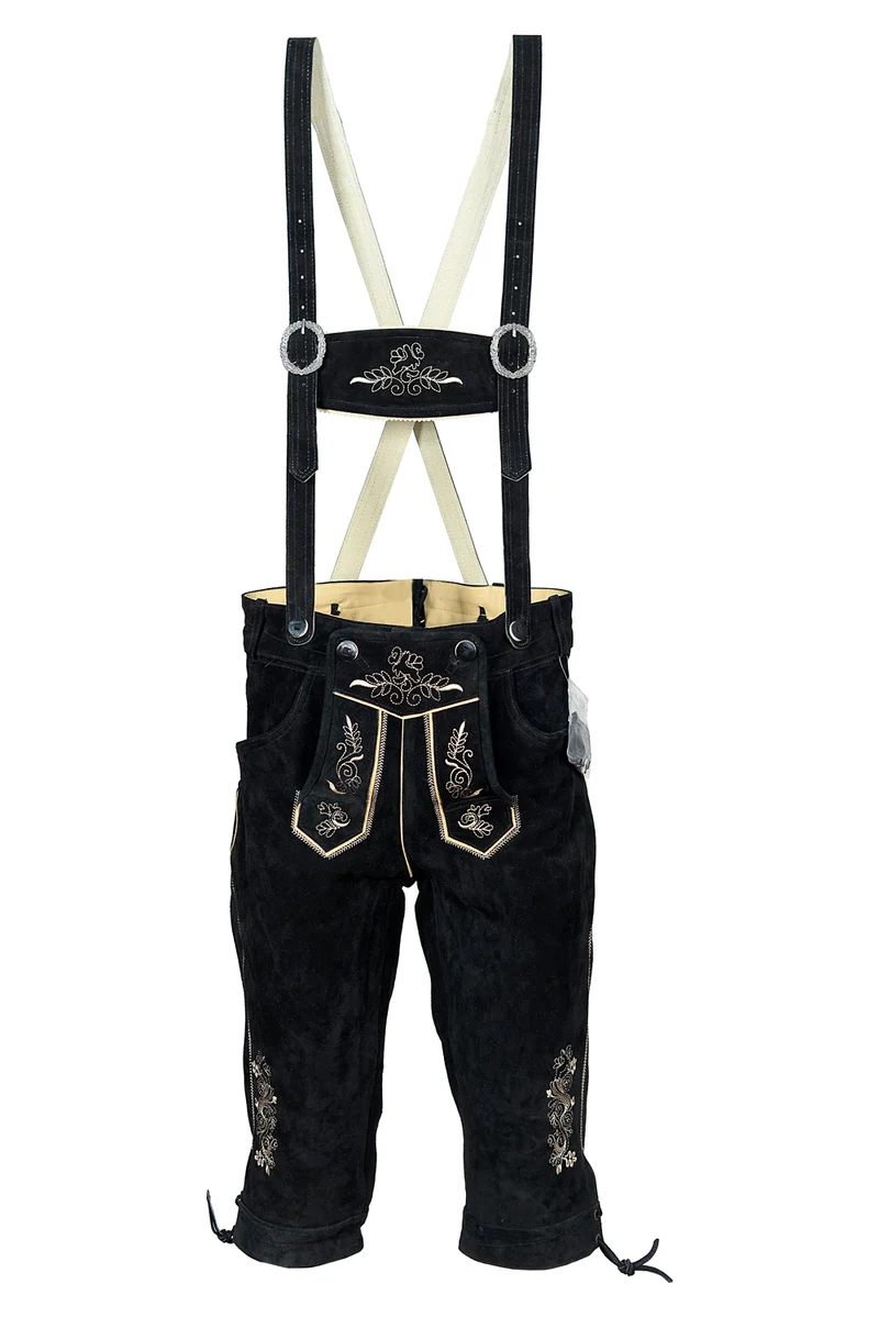 Herren Kniebund Lederhose Schwarz mit passendem Hosenträger Gr 48-60 Trachten Lederhose Oktoberfest