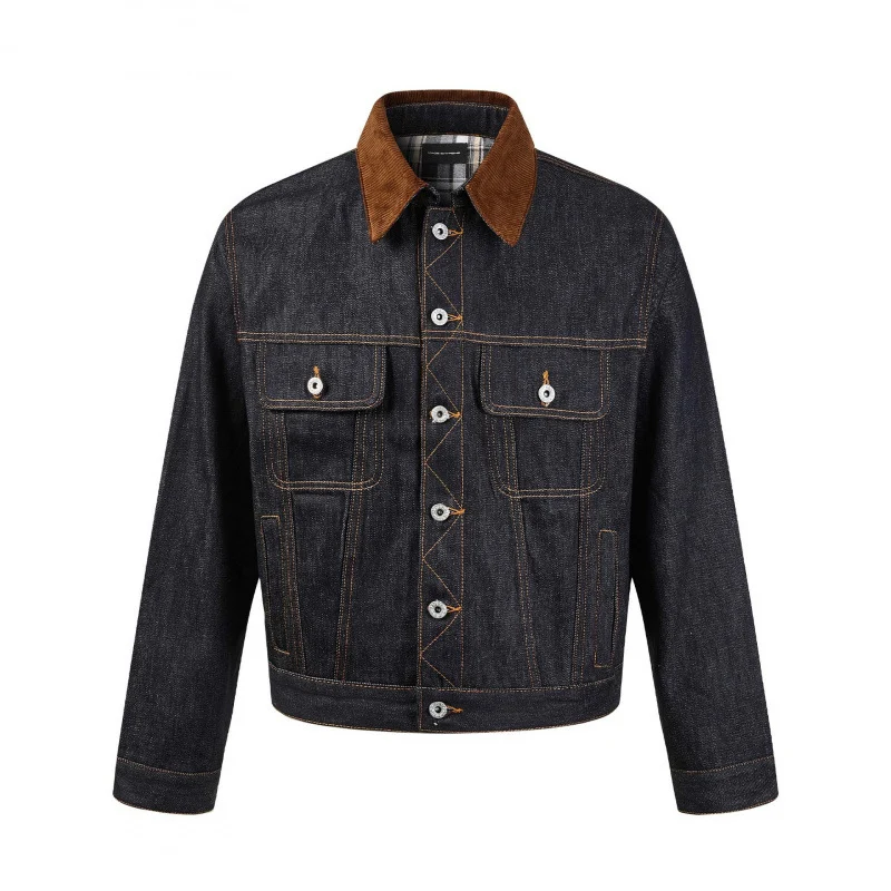Herren Boxy Denim-Jacke mit Cordkragen und kariertem Futter Nord Taschen